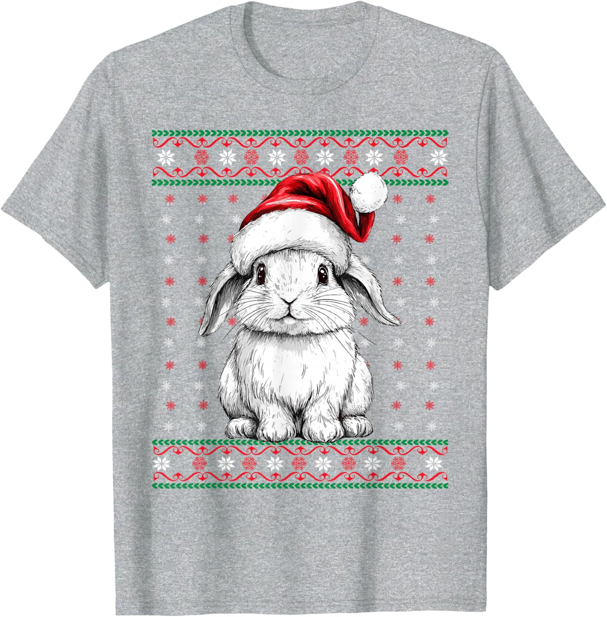 Ugly Christmas Sweater Rabbit Lover Santa Hat Funny Holiday T-Shirt - Heather Grey