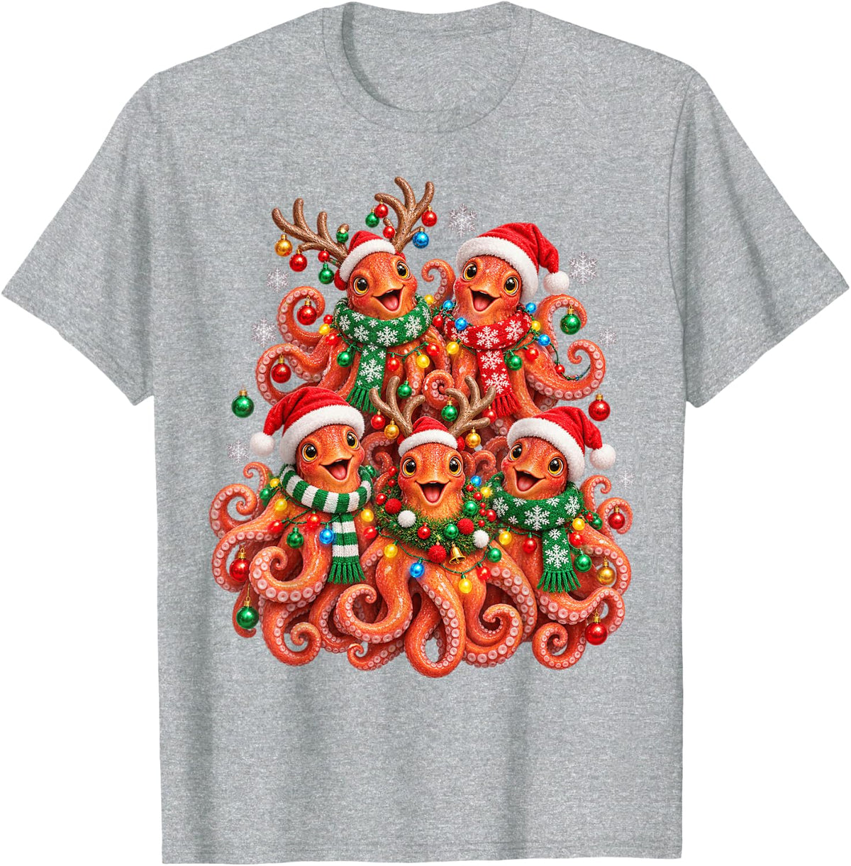 Christmas Lights Octopus Santa Funny Xmas Trees T-Shirt - Heather Grey