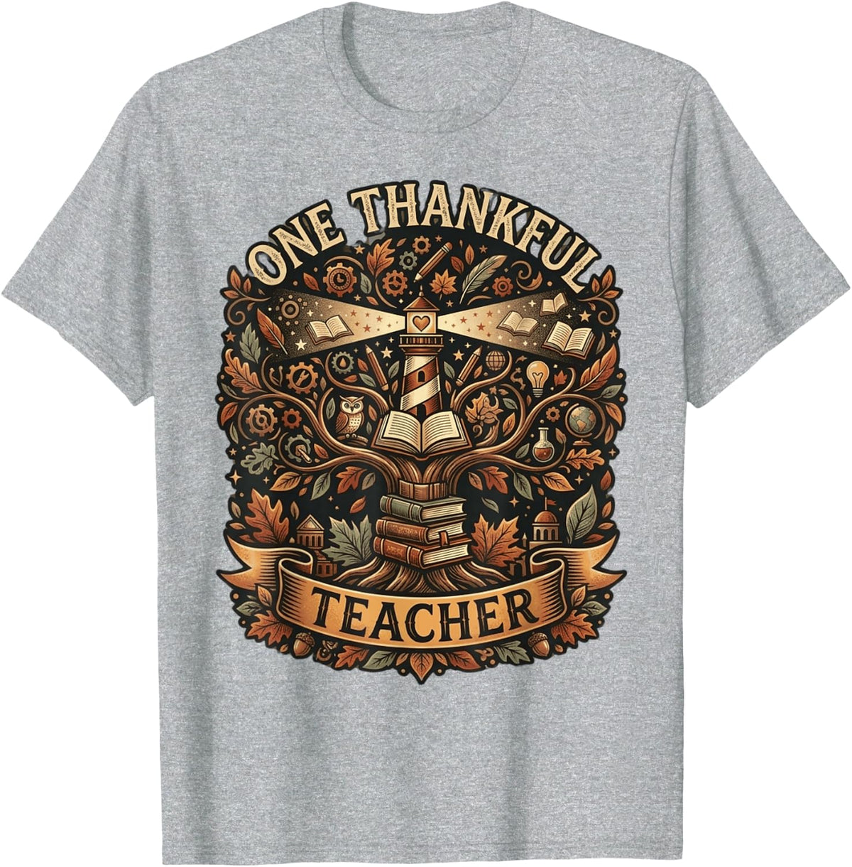 One Thankful Teacher Lighthouse of Knowledge Thanksgiving T-Shirt - Heather Grey