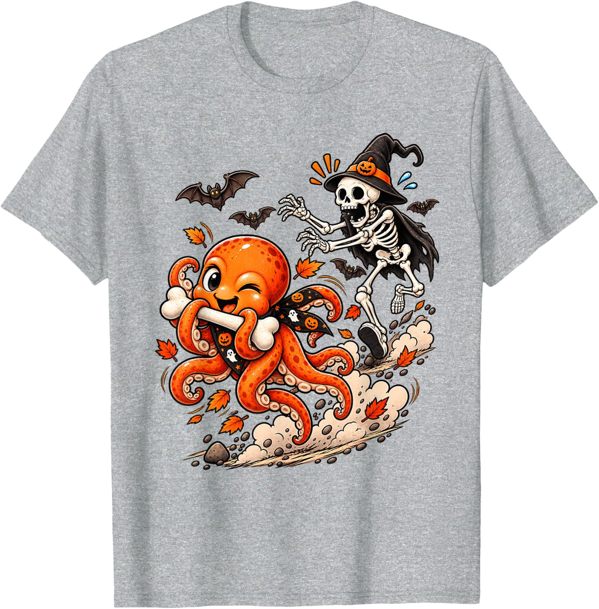 Funny Octopus Chased by Witch Skeleton Halloween Men Women T-Shirt - Heather Grey