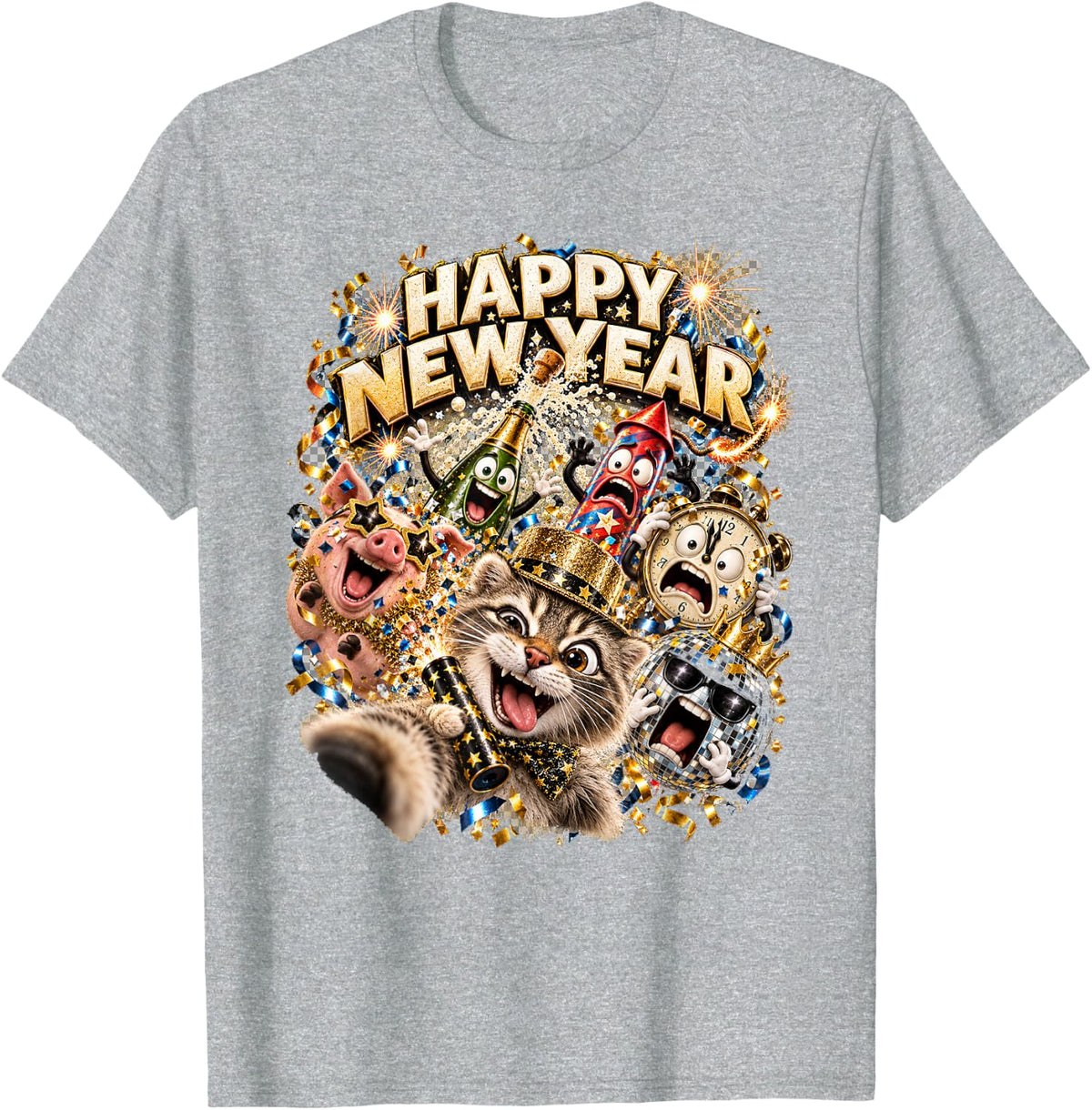 Happy New Year Cat Selfie Gold Confetti Party Art T-Shirt - Heather Grey