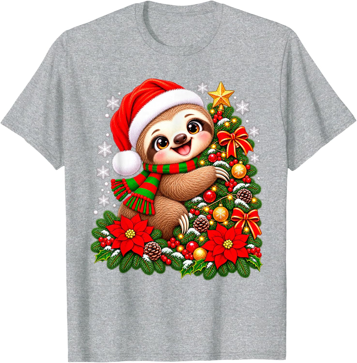 Christmas Tree Sloth Santa Hat Men Women Kids T-Shirt - Heather Grey