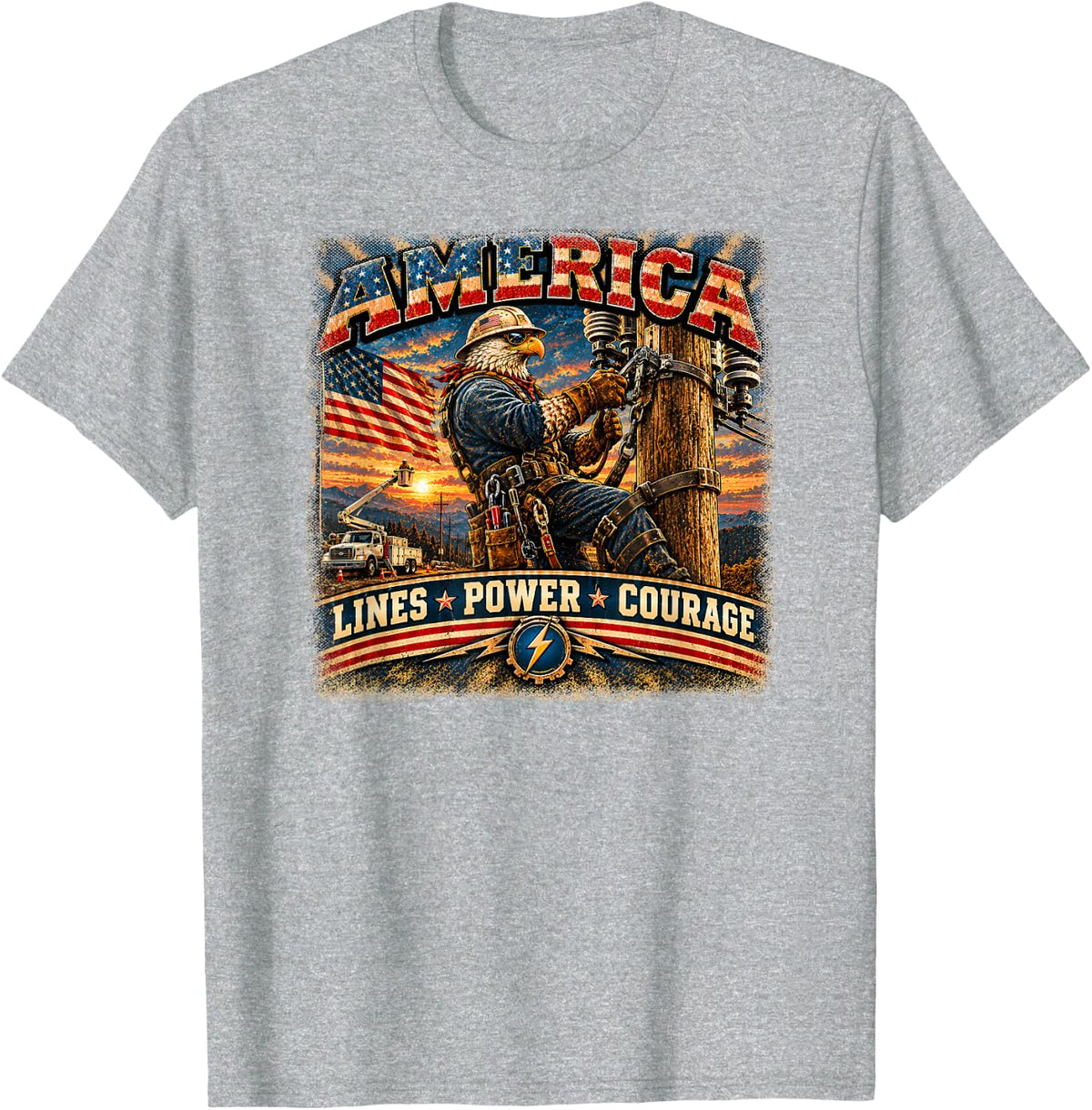 America | Lines Power Courage | Vintage Eagle Lineman T-Shirt - Heather Grey