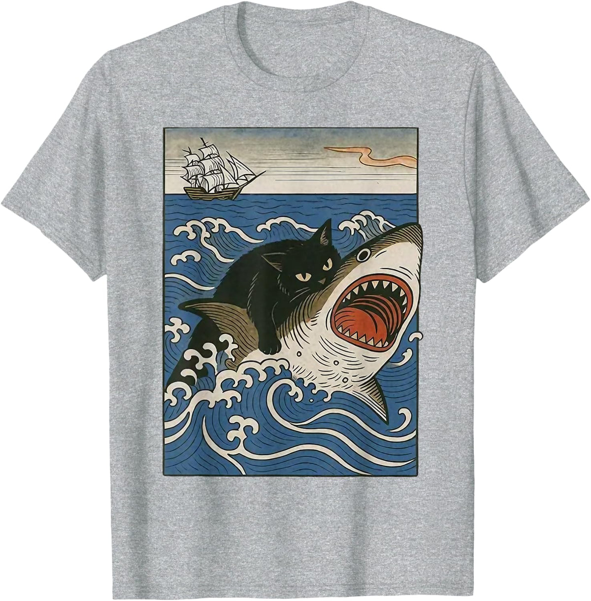 Black Cat Hunting Shark Ukiyoe Ocean Art Japanese Style T-Shirt - Heather Grey