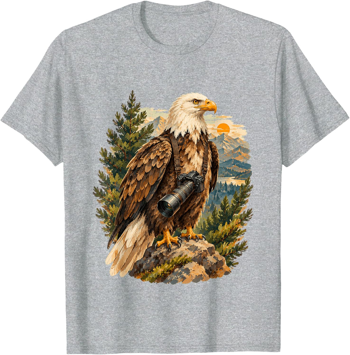 Bald Eagle Photographer with Camera Lens Birdwatcher T-Shirt - Heather Grey