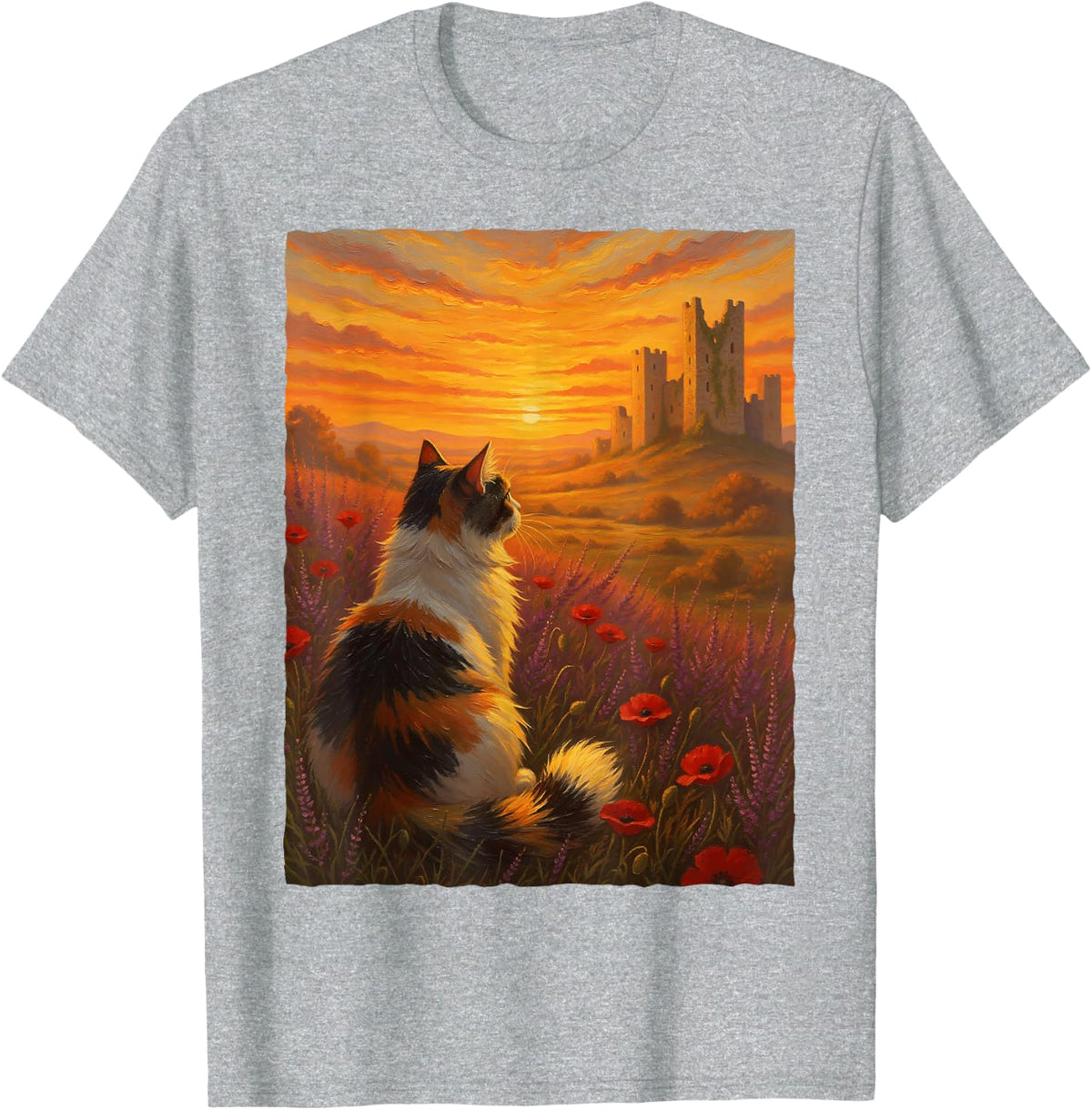 Calico Cat Medieval Castle Sunset Poppy Wildflower Art T-Shirt - Heather Grey