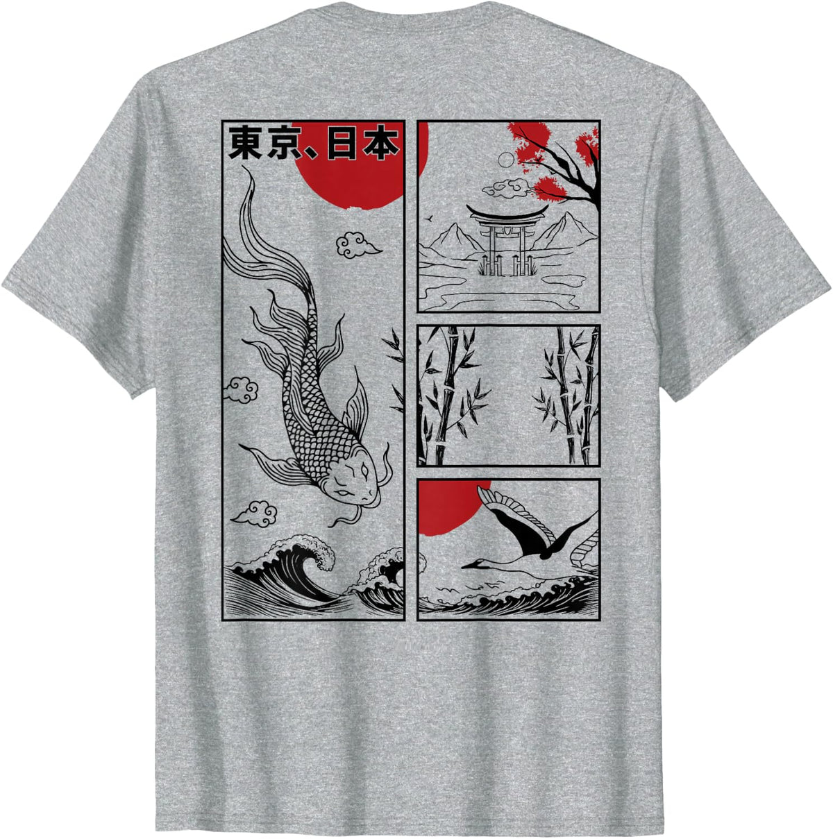 Japanese Koi Fish The Great Wave Off Kanagawa Kanji (Back) T-Shirt - Heather Grey
