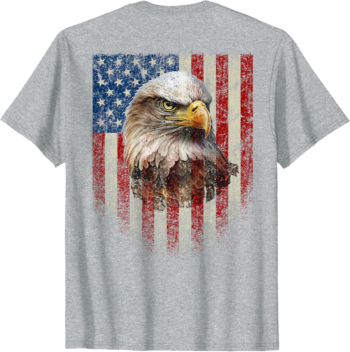 (Art on Back) Patriotic US Flag with American Eagle T-Shirt - Heather Grey